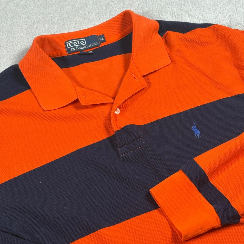 Vintage Polo Ralph Lauren Rugby Shirt Mens XL Orange Navy Stripe Long Sleeve